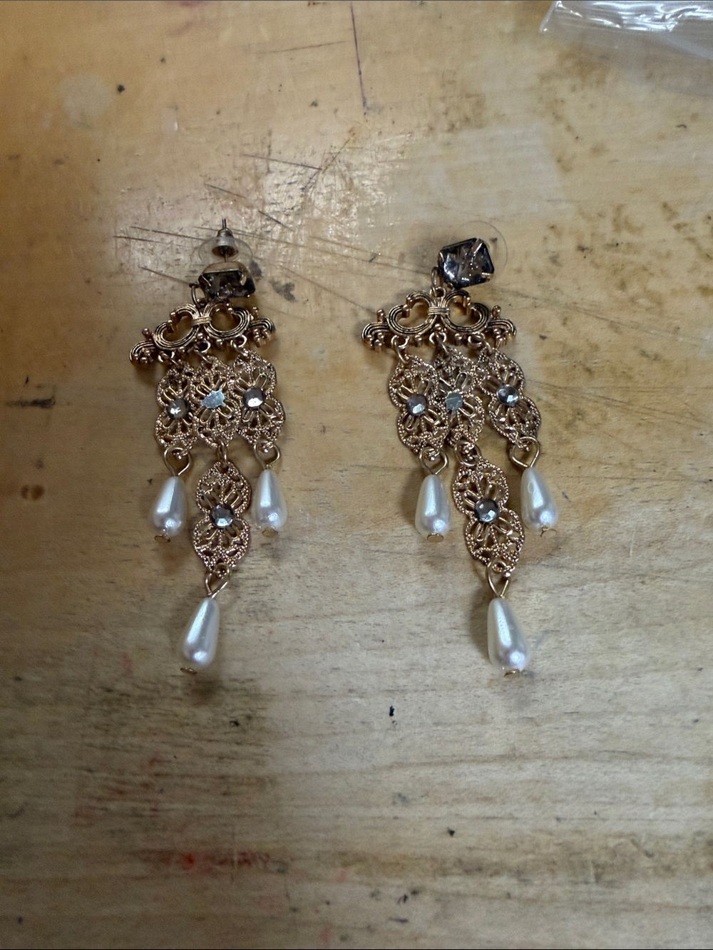 Gold Filigree Pearl Drop Chandelier Earrings